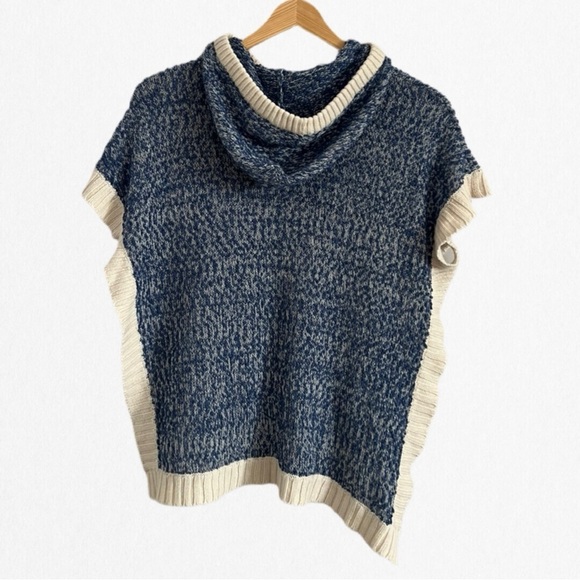 Cozy Blue and Cream Sleeveless Poncho Style Sweater - Picture 2 of 2